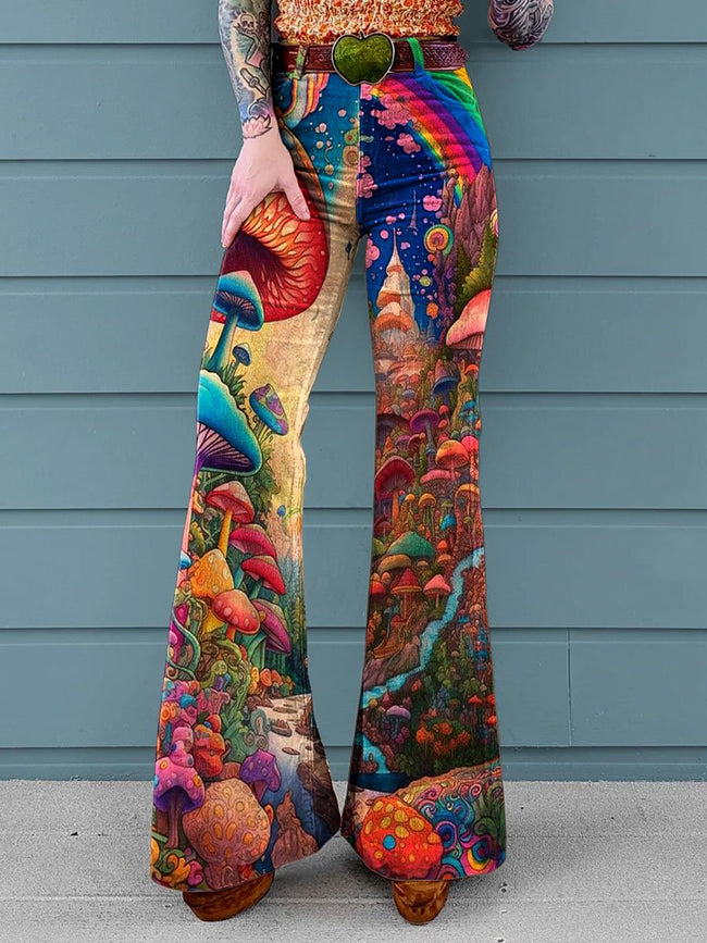 Women's Vintage Abstract Flower Rainbow Mushroom Art Print Casual Wide Leg Pants