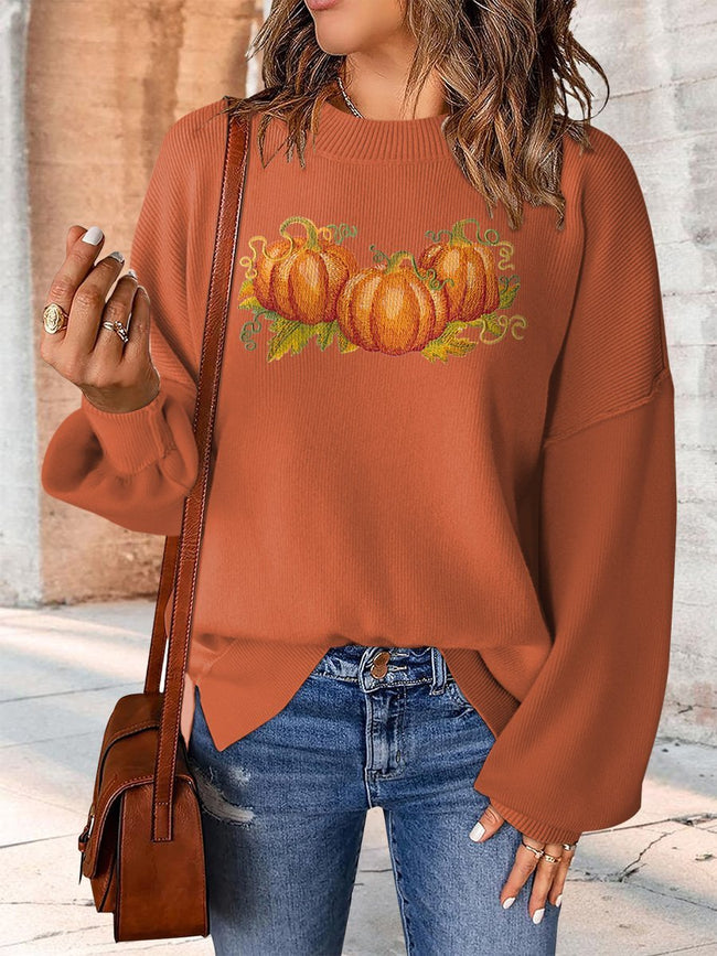 Pumpkin Embroidery Print Casual Knit Pullover Sweater