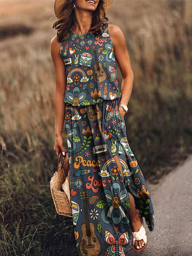 Women's Vintage Hippie Music Flower Print Round Neck Sleeveless Dress