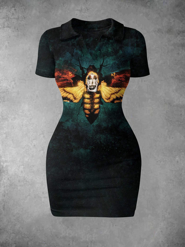 Women's Vintage Silence of the Lambs Print Ribbed Bodycon Mini Dress