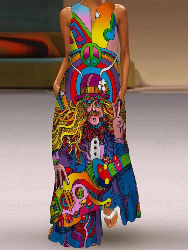 Vintage Hippie Art Print V-Neck Maxi Dress