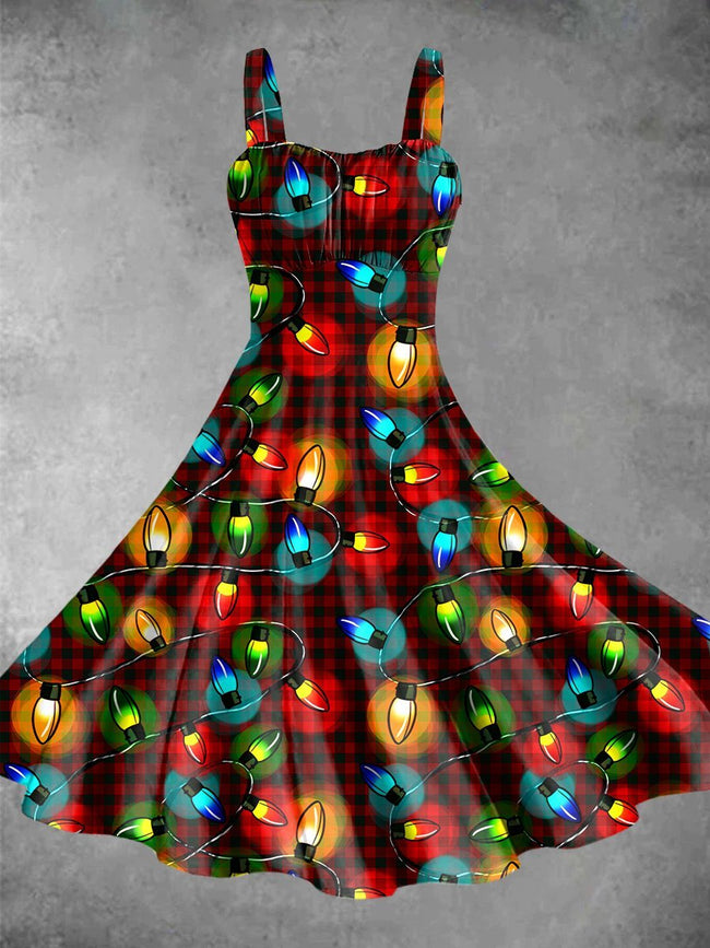 Vintage Christmas Light Print Backless Dress