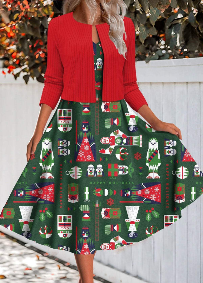 Vintage Christmas Print Two Piece Dress and Cardigan