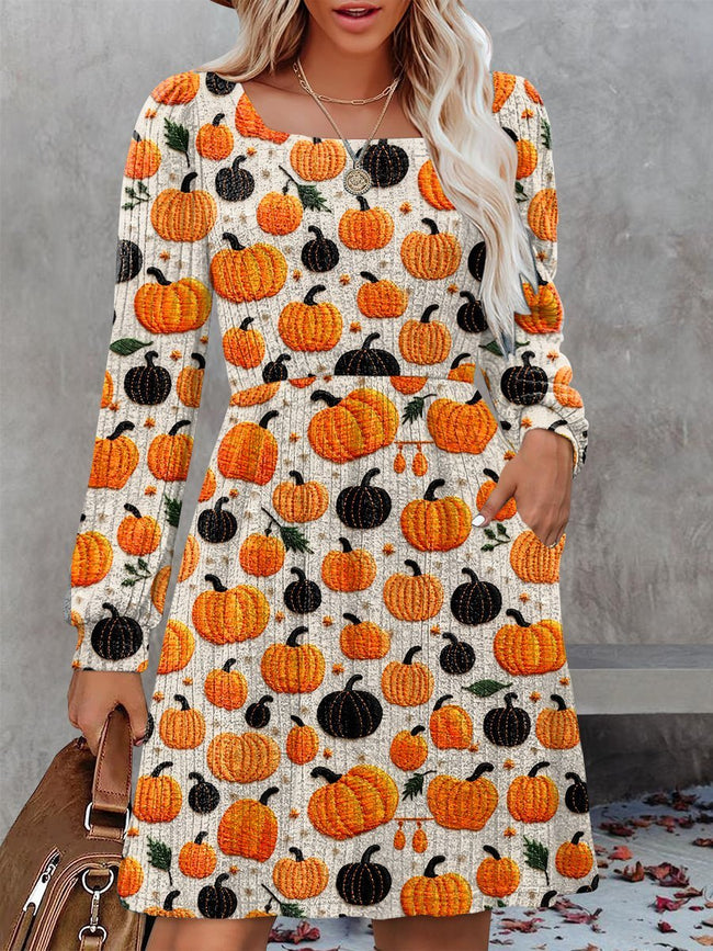 Casual Pumpkin Print Knit Sweater Dress with Pockets