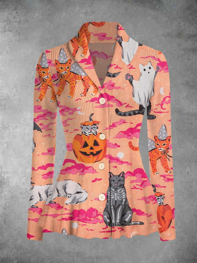 Vintage Ghost Cat Print Cardigan Sweater Outwear Coat