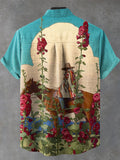 Vintage Wild West Flower Cowboy Horse Art Print Casual 100% Cotton Shirt