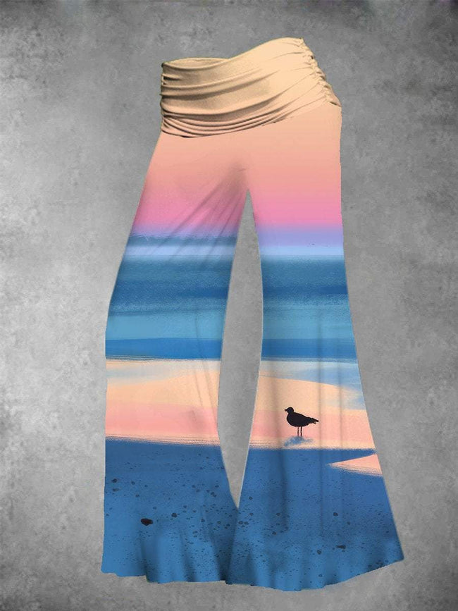 Women's Vintage Colorful Beach Art Print Wide Leg Pants