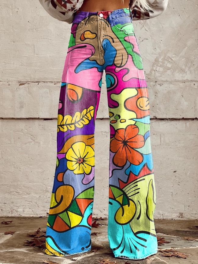 Women's Vintage Colorful Psychedelic Hippie Print Casual Wide Leg Pants