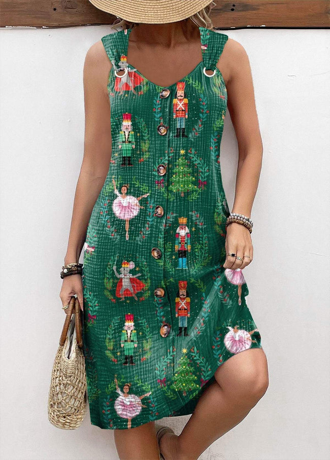 Vintage Christmas Cartoon Print Sleeveless V Neck Dress