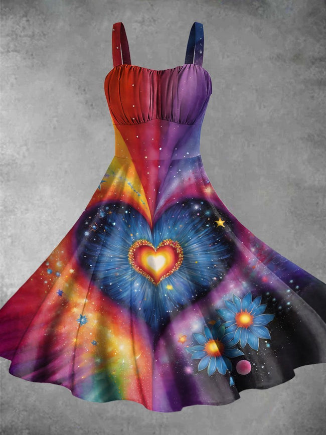 Vintage Rainbow Heart Print Backless Dress