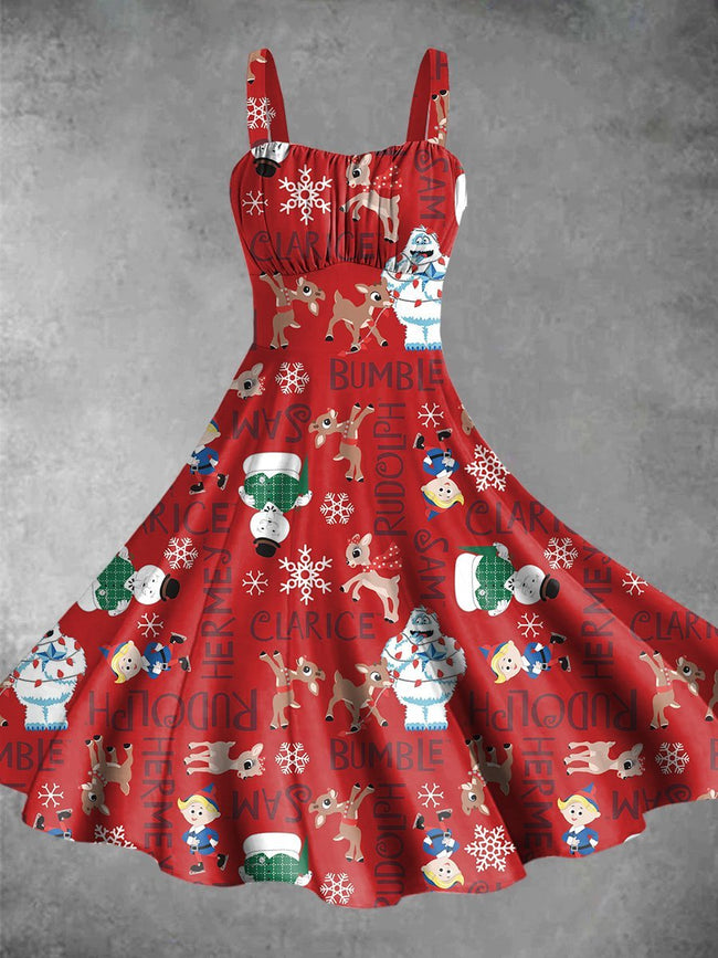 Vintage Christmas Movie Print Backless Dress