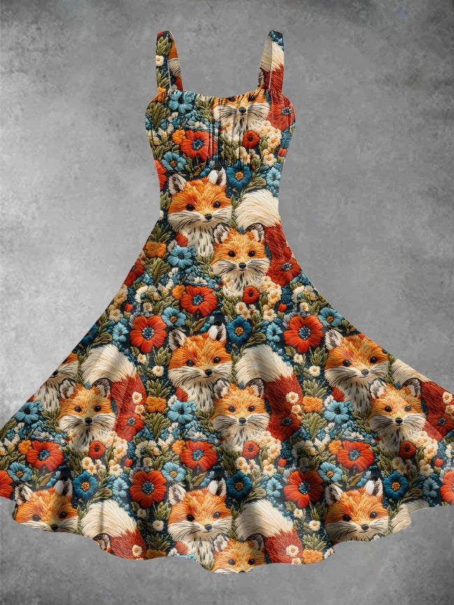 Vintage Cute three-Dimensional Fox Print Backless Dress