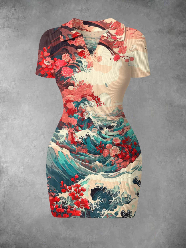 Women's Art Ukiyoe Style Print Ribbed Bodycon Mini Dress