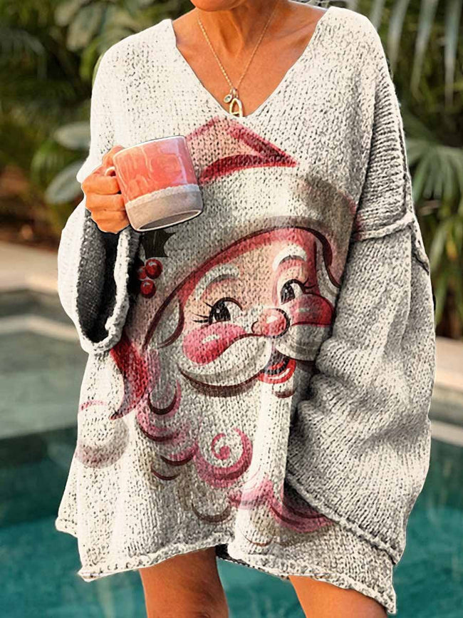 Women's Vintage Santa Claus Art Print Casual V Neck Pullover Sweater