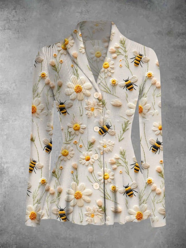 Vintage Bee in Flower Print Cardigan Sweater Outwear Coat