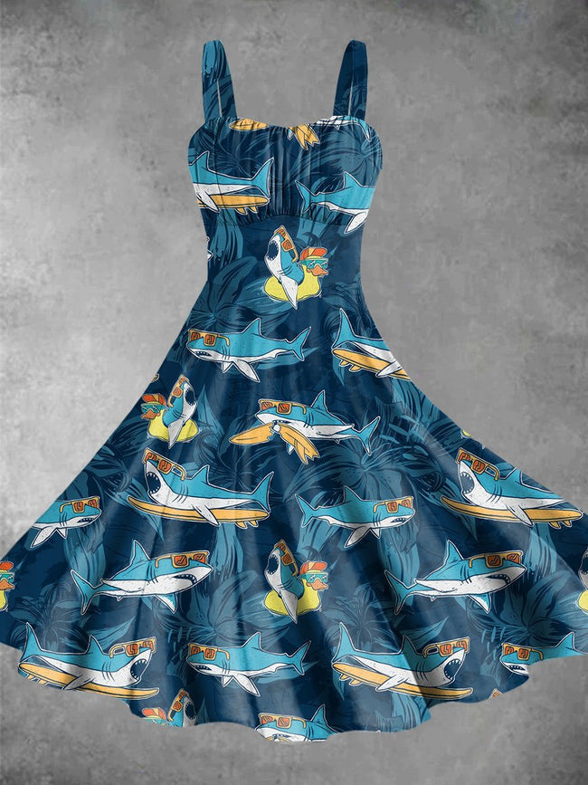 Vintage Cartoon Surfer Sharks Print Backless Dress