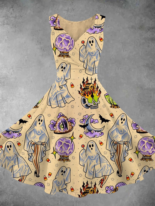 Vintage The Ghost Woman Halloween Print Sleeveless Wrap V-Neck A-line Dress