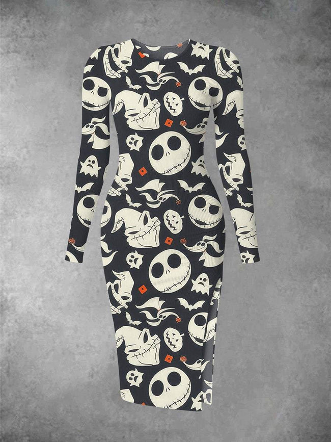 Women's Vintage Halloween Nightmare Print Long Sleeve Crew Neck Midi Dress