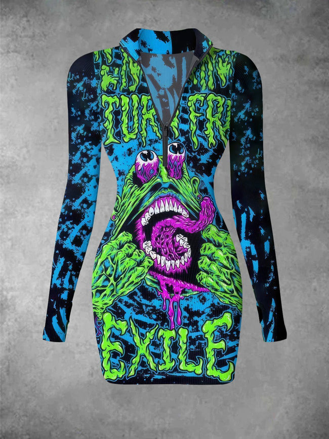 Vintage Zombie Print Ribbed Zip Front Long Sleeve Mini Dress