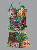 V-Neck Retro Hippie Paisley Pattern Print Suspender Skirt Tankini Pantskirt Set Swimsuit