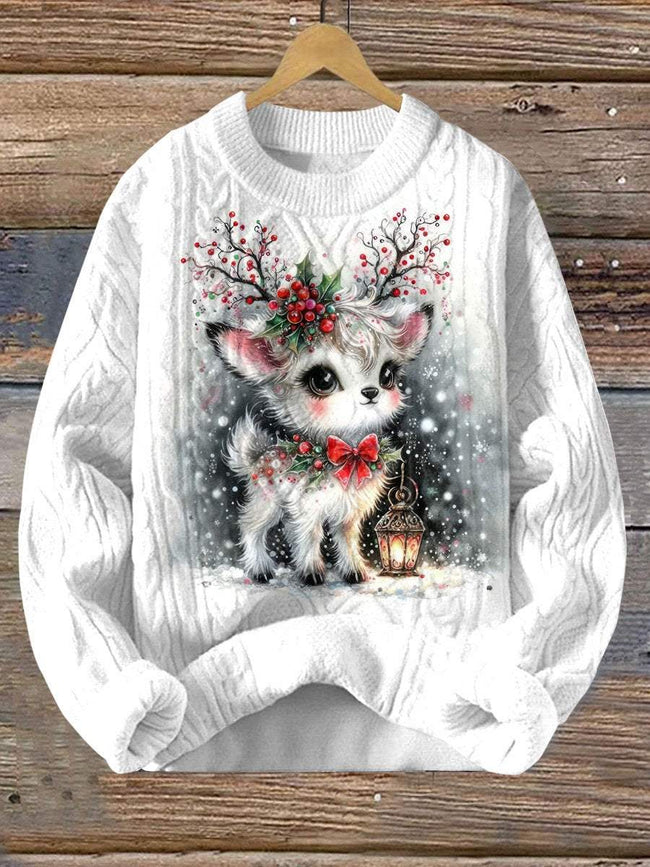 Vintage Cute Little Christmas Deer Print Knitted Woven Crewneck Pullover