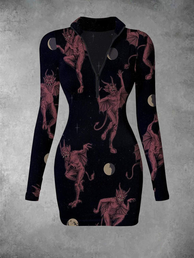 Vintage Dancing Demon Print Ribbed Zip Front Long Sleeve Mini Dress