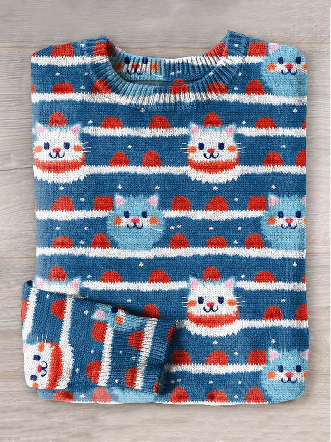 Christmas Cute Cat Art Print Knit Pullover Sweater