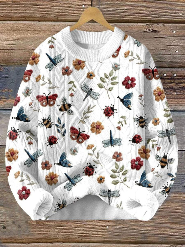 Vintage Embroidery Life Print Knitted Woven Crewneck Pullover