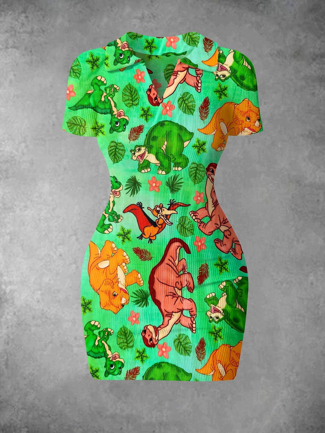 Women's Vintage 1980s Dinosaur Print Ribbed Bodycon Mini Dress