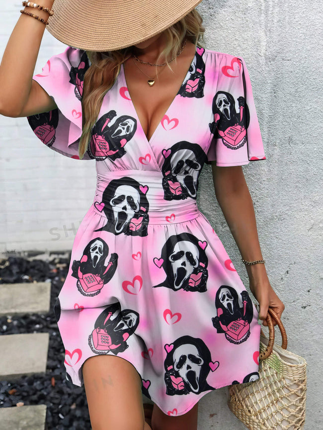 Vintage Halloween Scream Print Butterfly Sleeve V-Neck Waist Dress