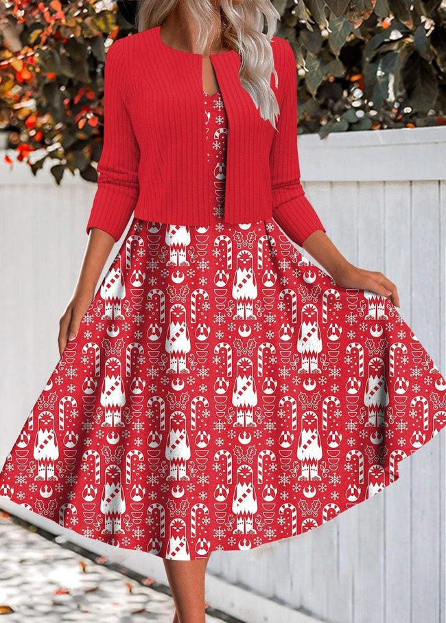 Vintage Christmas Print Two Piece Dress and Cardigan