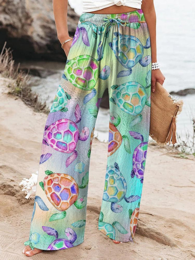 Women's Cute Watercolor Sea Turtle Printed Cotton And Linen Casual Pants