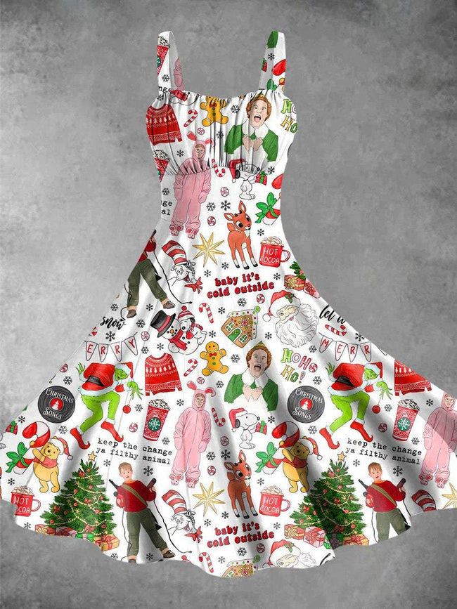 Vintage Christmas Movie Print Backless Dress