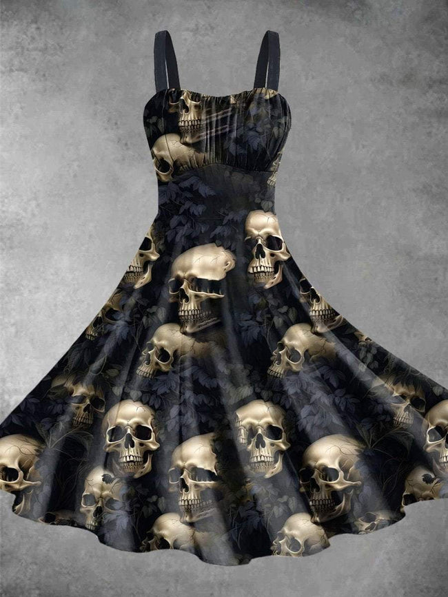 Vintage Skulls Halloween Print Backless Dress