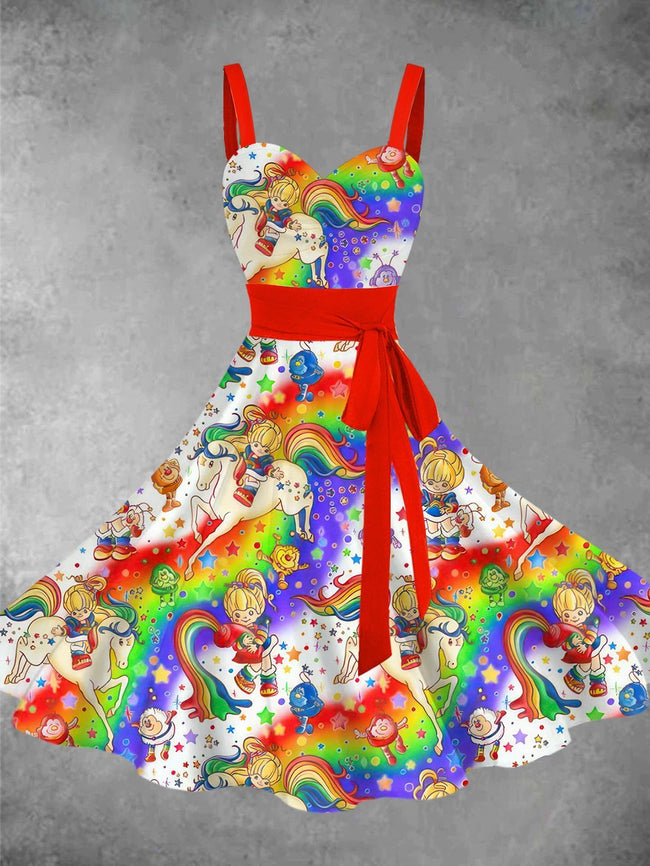 Vintage 1980s Rainbow Girl Print Ruched Bust Tank Belt Dress