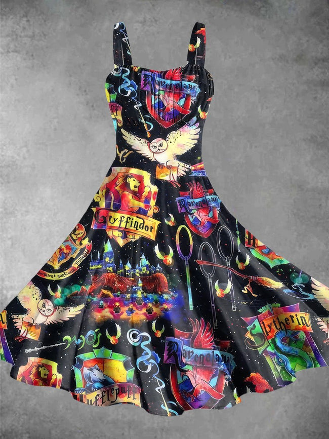 Vintage Halloween Wizard Print Backless Dress