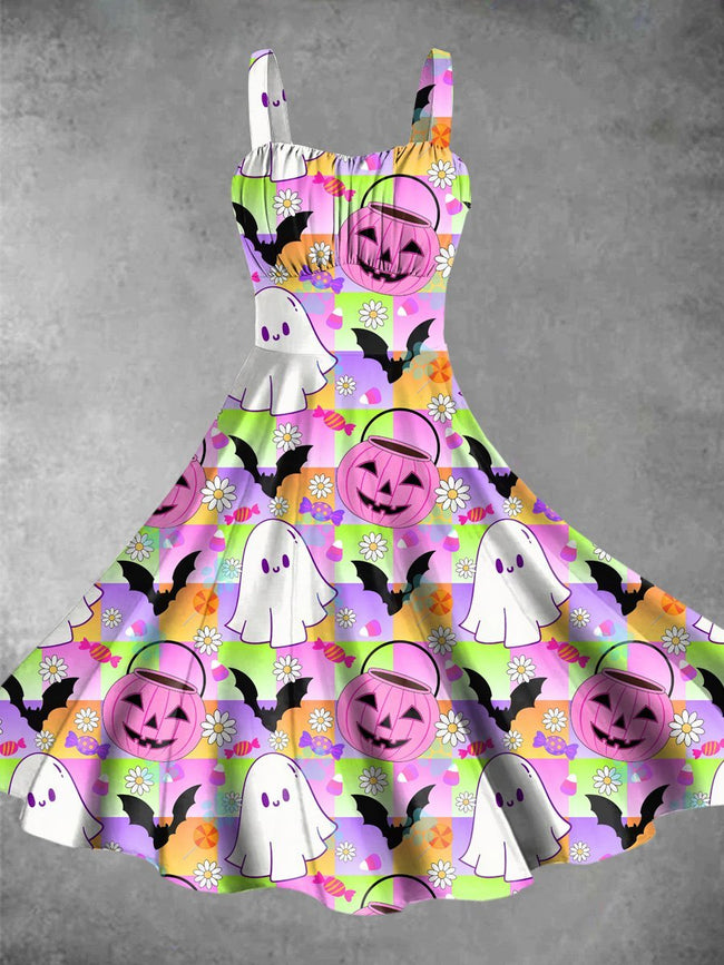 Vintage Ghost Pumpkin Print Backless Dress