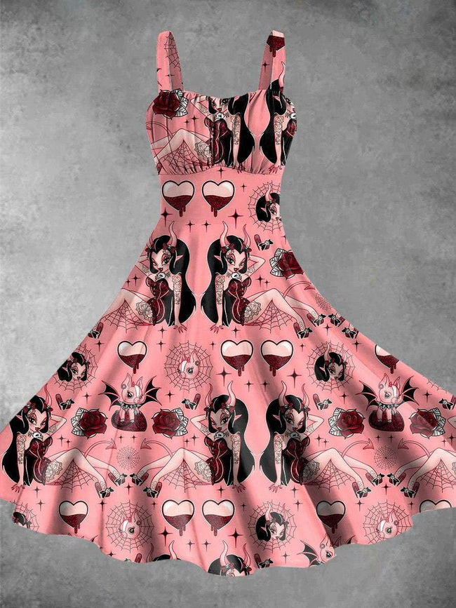 Vintage Rose Girl Halloween Print Backless Dress