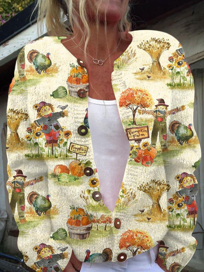 Vintage Scarecrow Print Buttoned Cardigan Sweater