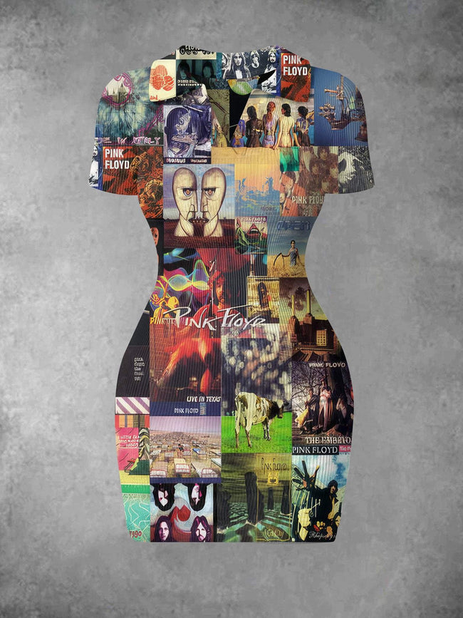 Women's Vintage Rock And Roll Music Print Ribbed Bodycon Mini Dress