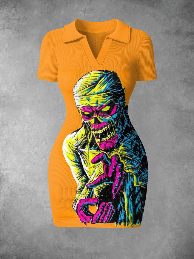 Women's Vintage zombie Halloween Print Ribbed Bodycon Mini Dress