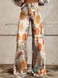Women's Vintage Hippie Style Multi Color Flower Music Print Casual Wide Leg Pants