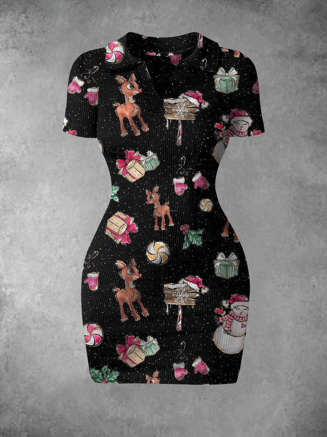 Women's Vintage Christmas Red-Nosed Reindeer Print Ribbed Bodycon Mini Dress