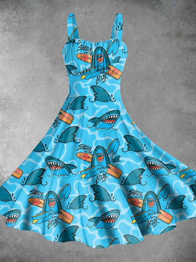 Vintage Shark Print Backless Dress