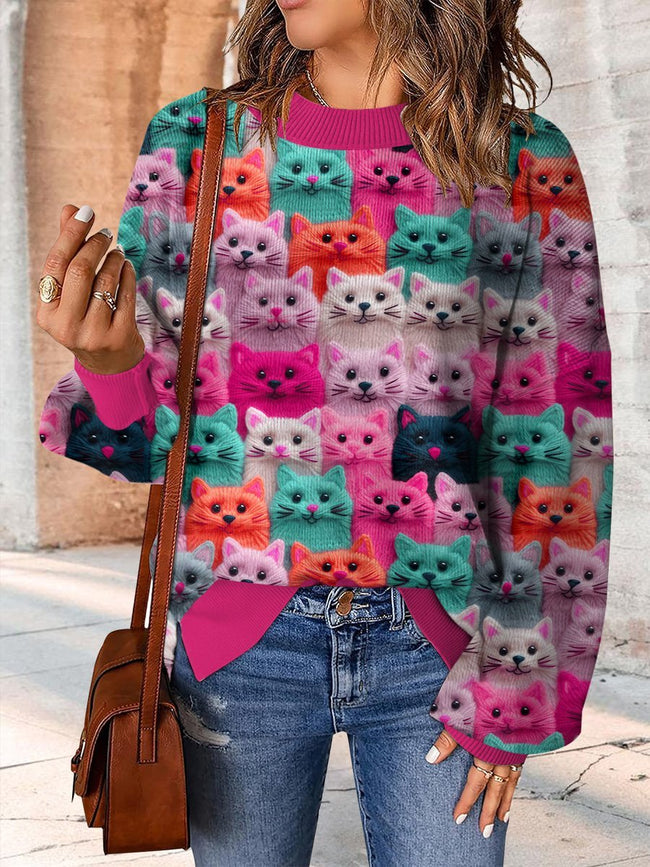 Colorful Cute Cat Embroidery Print Casual Knit Pullover Sweater