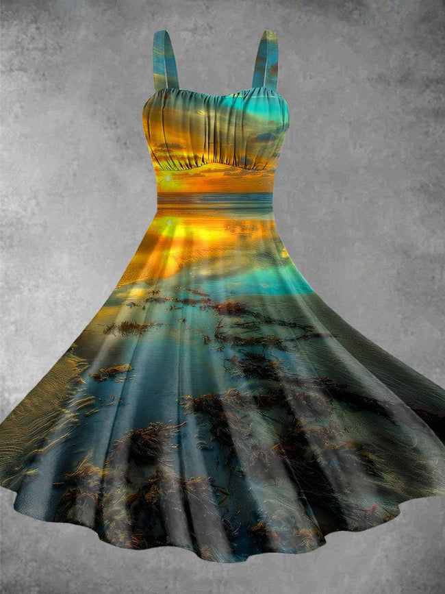 Vintage Sunset Ocean Art Print Backless Dress