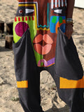 Abstract Pattern Hippie Art Print Casual 100% Cotton Wide Leg Jumpsuit