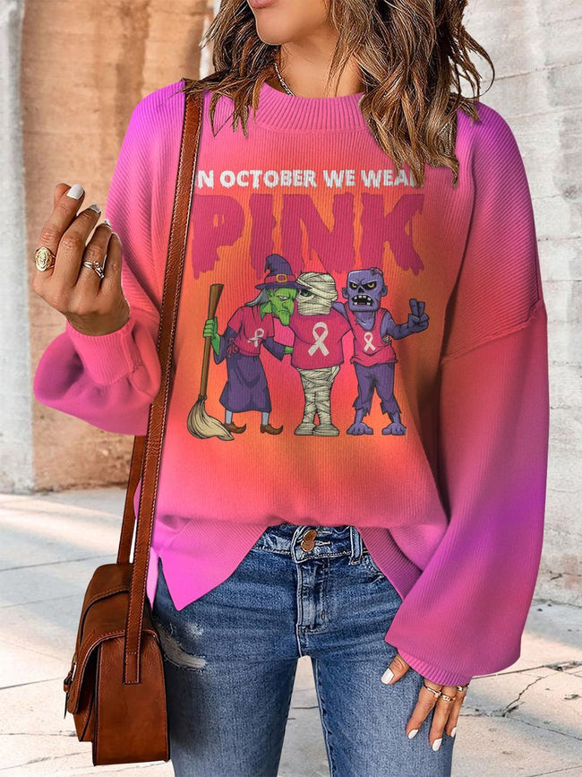 Colorful Zombie Breast Awareness Print Casual Knit Pullover Sweater