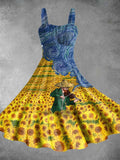 Vintage Vincent Van Gogh And Sunflowers Print Backless Dress
