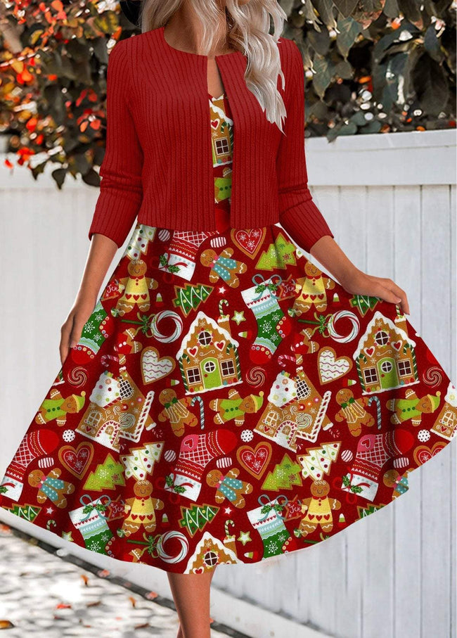 Vintage Gingerbread Christmas House Print Two Piece Dress and Cardigan